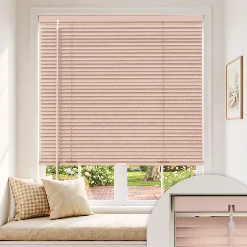 Cordless Aluminum Blinds with Wand Tilt, L-Profile Flat Slats, Pearlescent Finish