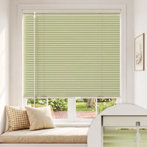 Cordless Aluminum Blinds with Wand Tilt, S-Profile Flat Slats, Brushed Finish