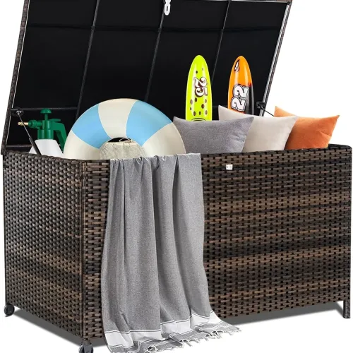 120 Gallon Outdoor Wicker Deck Box, Large Patio Storage Cabinet
