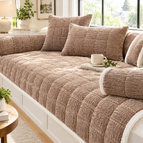 Custom Chenille Bay Window Cushion, Solid Grid Bench Mat with White Plush Trim