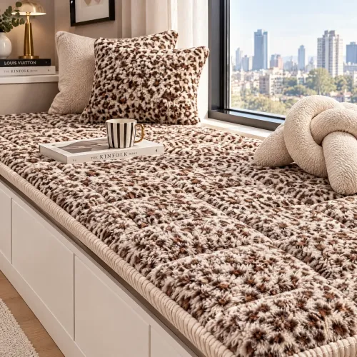 Custom Size Plush Rabbit Fleece Bay Window Mat, Warm Winter Thermal Leopard Checkered Bench Cushion & Sofa Seat Pad